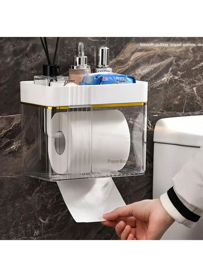 White Wall Mounted Tissue Box Holder No Drill Installation Waterproof Plastic Bathroom Storage Shelf - Image 1